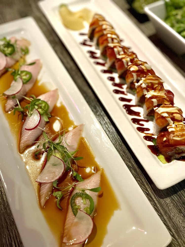 Yellowtail with ponzu, jalapeño and radish beside a seared salmon roll with eel sauce